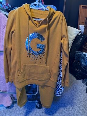 Guess Mustard Yellow Hoodie & Jogger Set with Blue Sequin G Logo